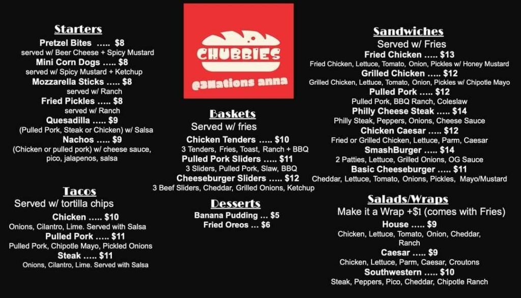 Chubbies Kitchen's menu